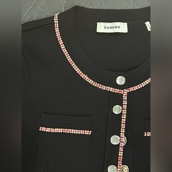 Sandro pink crystal-black embellished cropped cardigan size small - Picture 5 of 16
